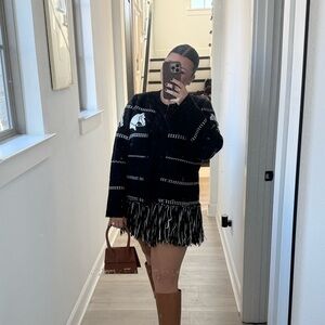 Commense Black Cardigan with White Stitching and Fringe